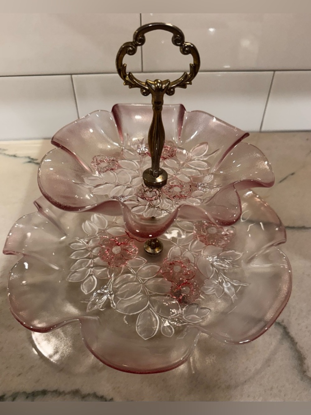 Pink Glass Floral Serving Tray Set - Picture 2 of 15
